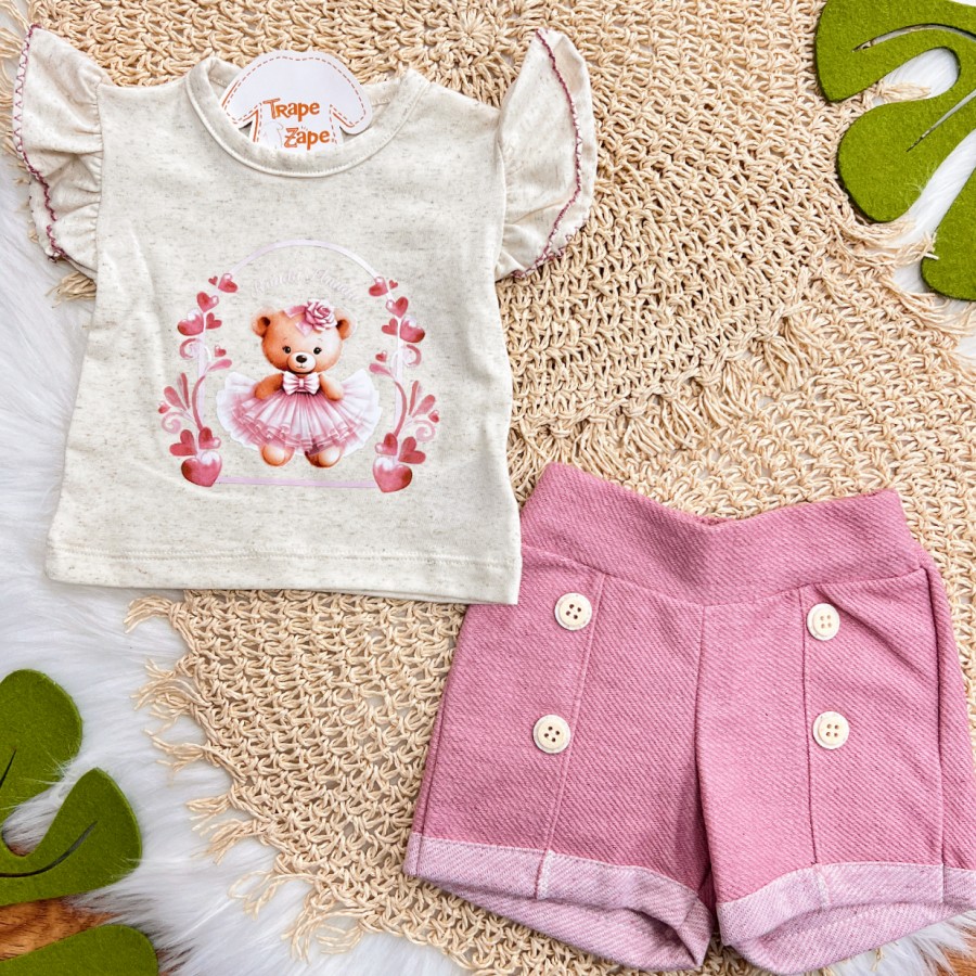 Conj. Blusa em Linho Ursinha e Short - Rose